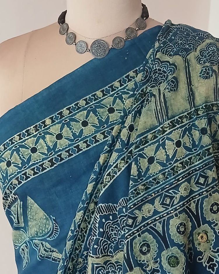 Barmer Ajrakh with Embroidered Palla Mul Cotton Saree – (AMCE0004) - Image 8