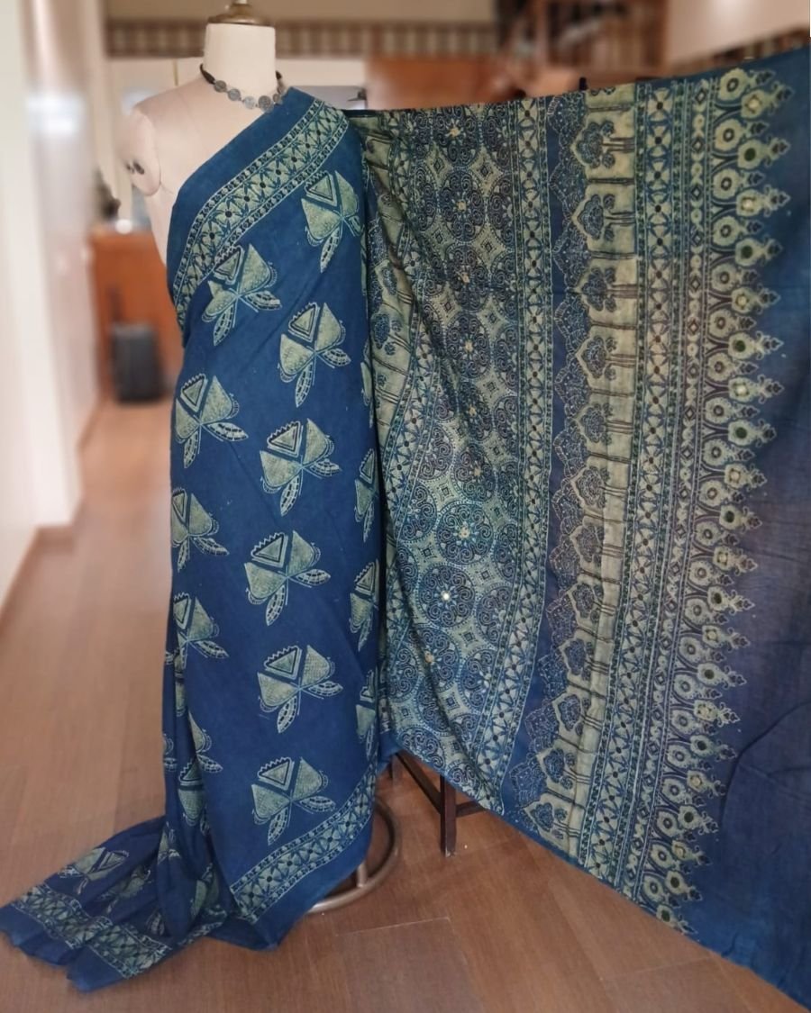 Barmer Ajrakh with Embroidered Palla Mul Cotton Saree – (AMCE0004) - Image 2