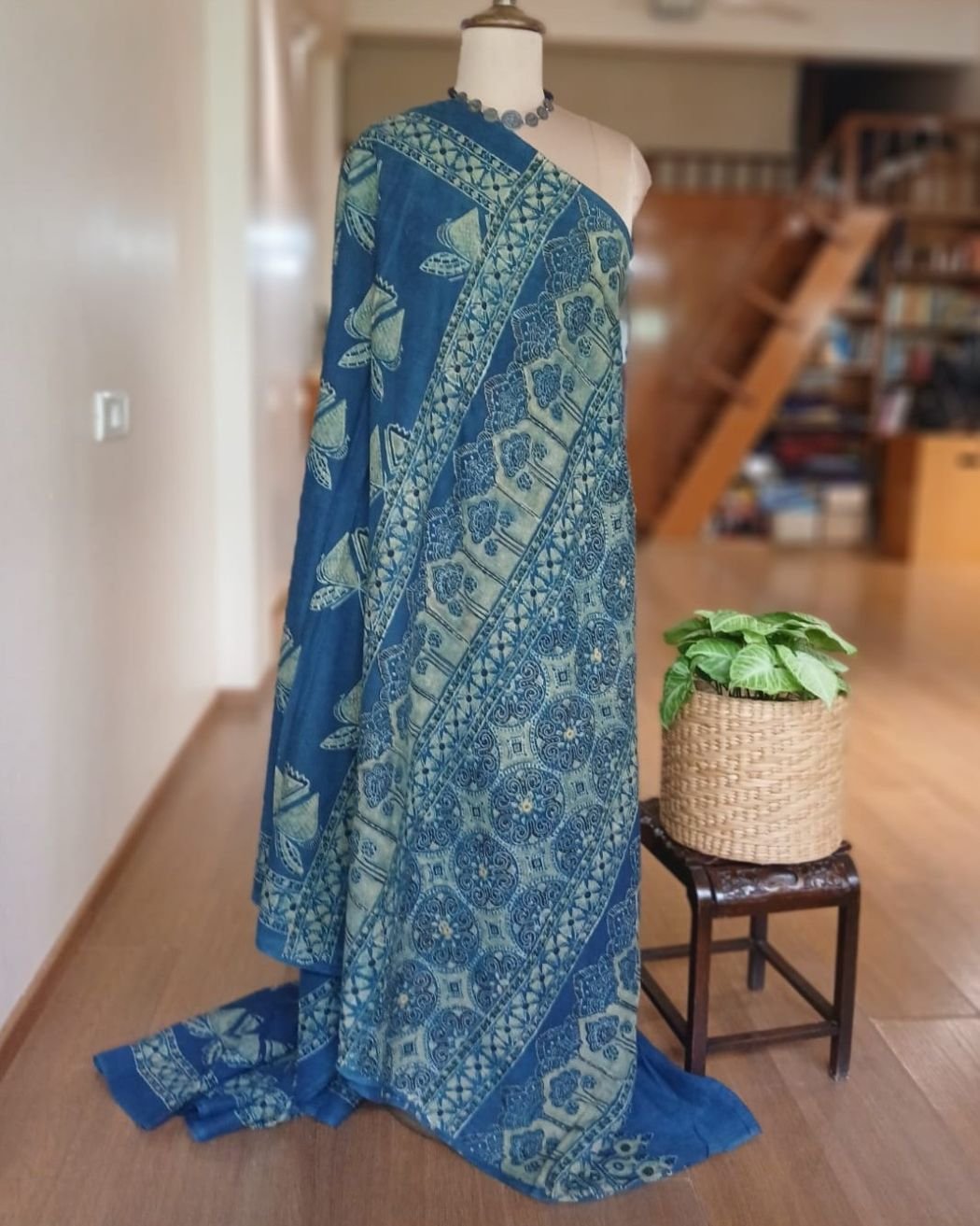 Barmer Ajrakh with Embroidered Palla Mul Cotton Saree – (AMCE0004) - Image 9