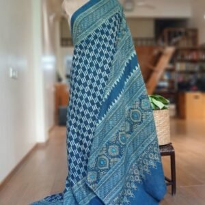 Barmer Ajrakh with Embroidered Palla Mul Cotton Saree – (AMCE0006)
