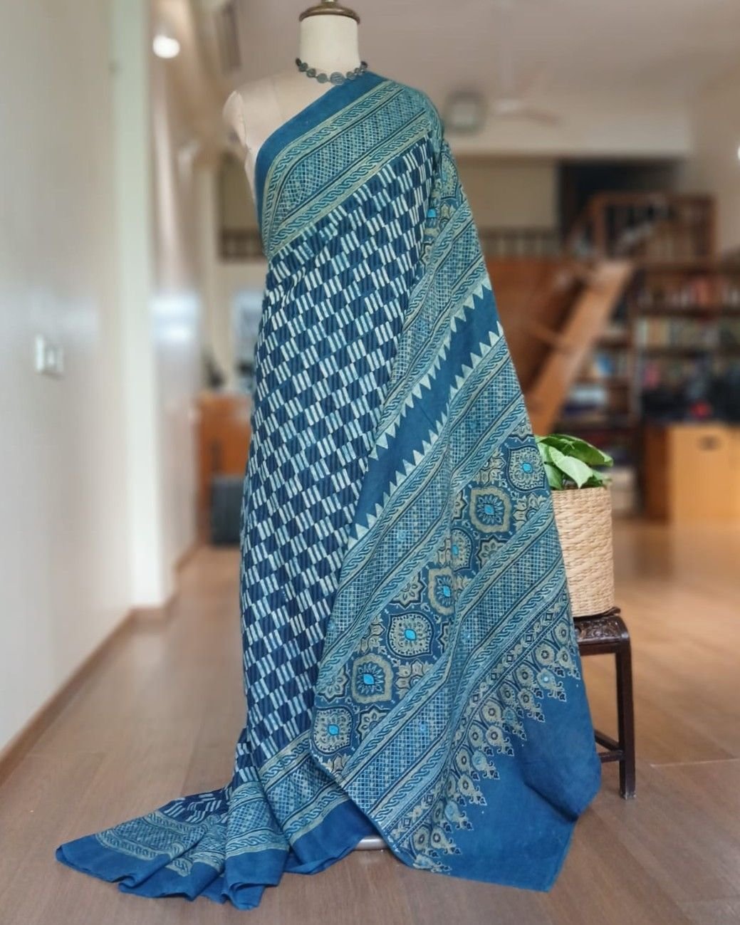 Barmer Ajrakh with Embroidered Palla Mul Cotton Saree – (AMCE0006)