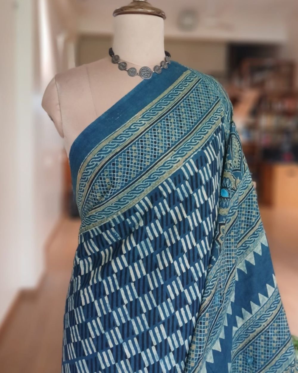 Barmer Ajrakh with Embroidered Palla Mul Cotton Saree – (AMCE0006) - Image 3