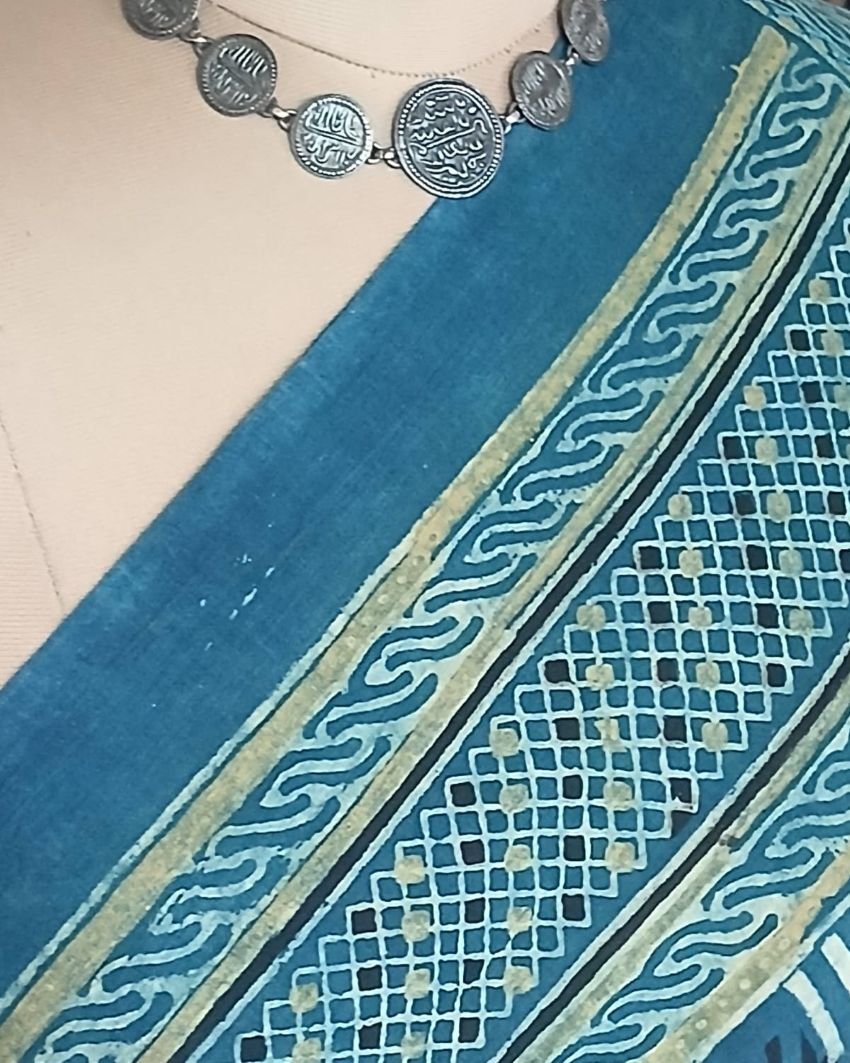 Barmer Ajrakh with Embroidered Palla Mul Cotton Saree – (AMCE0006) - Image 4