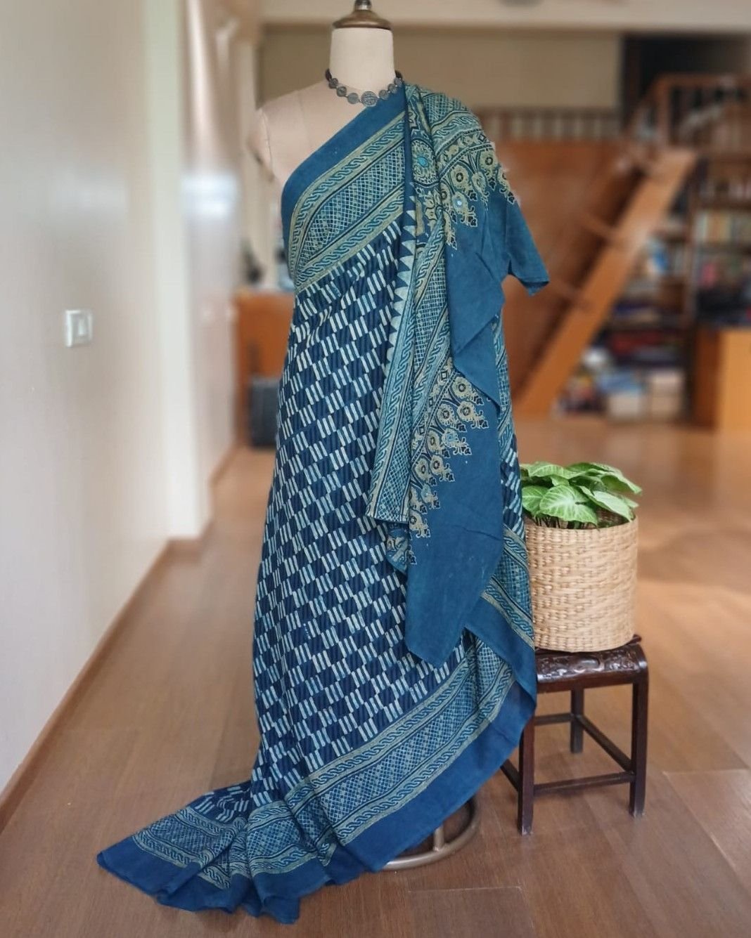 Barmer Ajrakh with Embroidered Palla Mul Cotton Saree – (AMCE0006) - Image 6