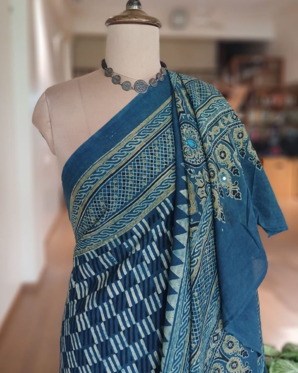 Barmer Ajrakh with Embroidered Palla Mul Cotton Saree – (AMCE0006) - Image 7