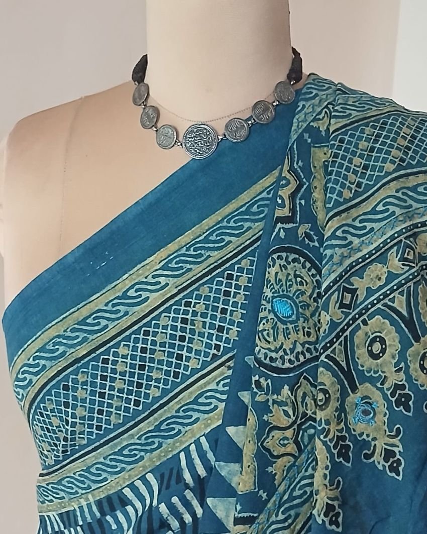 Barmer Ajrakh with Embroidered Palla Mul Cotton Saree – (AMCE0006) - Image 8