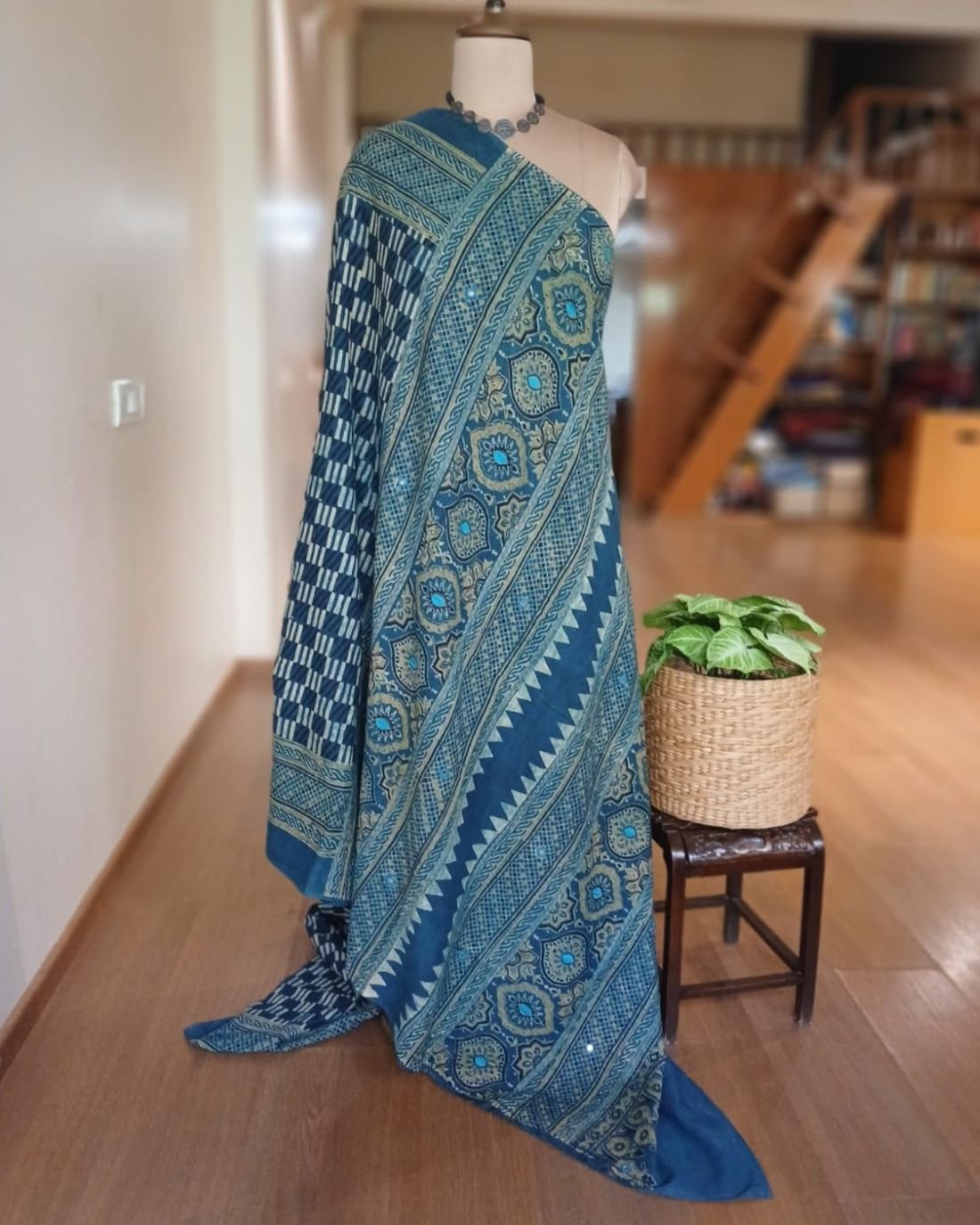 Barmer Ajrakh with Embroidered Palla Mul Cotton Saree – (AMCE0006) - Image 9