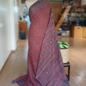 Barmer Ajrakh with Embroidered Palla Mul Cotton Saree – (AMCE0011)