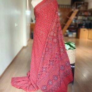 Barmer Ajrakh with Embroidered Palla Mul Cotton Saree – (AMCE0012)