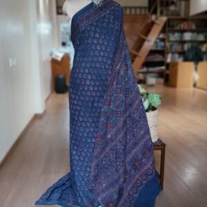 Barmer Ajrakh with Embroidered Palla Mul Cotton Saree – (AMCE0013)