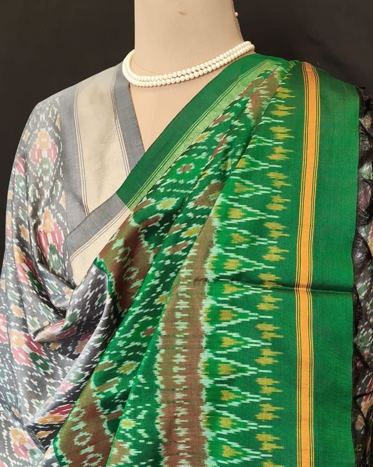 Silk-cotton Ikat Dupatta from Telengana – (SCDT0017) - Image 5