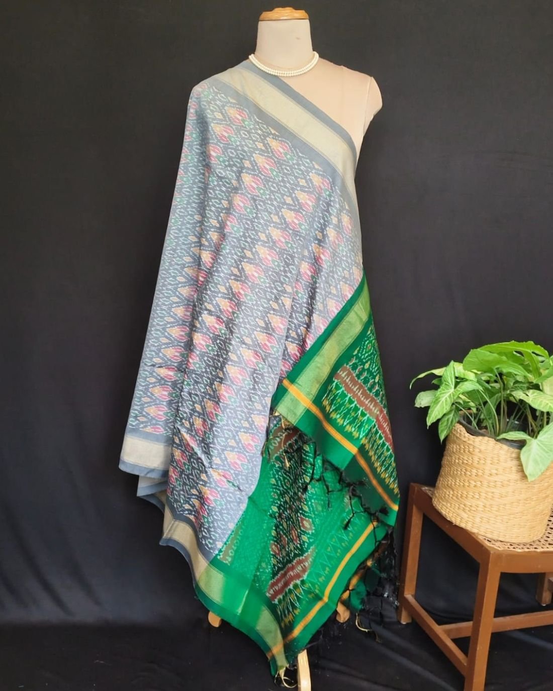 Silk-cotton Ikat Dupatta from Telengana – (SCDT0017) - Image 7