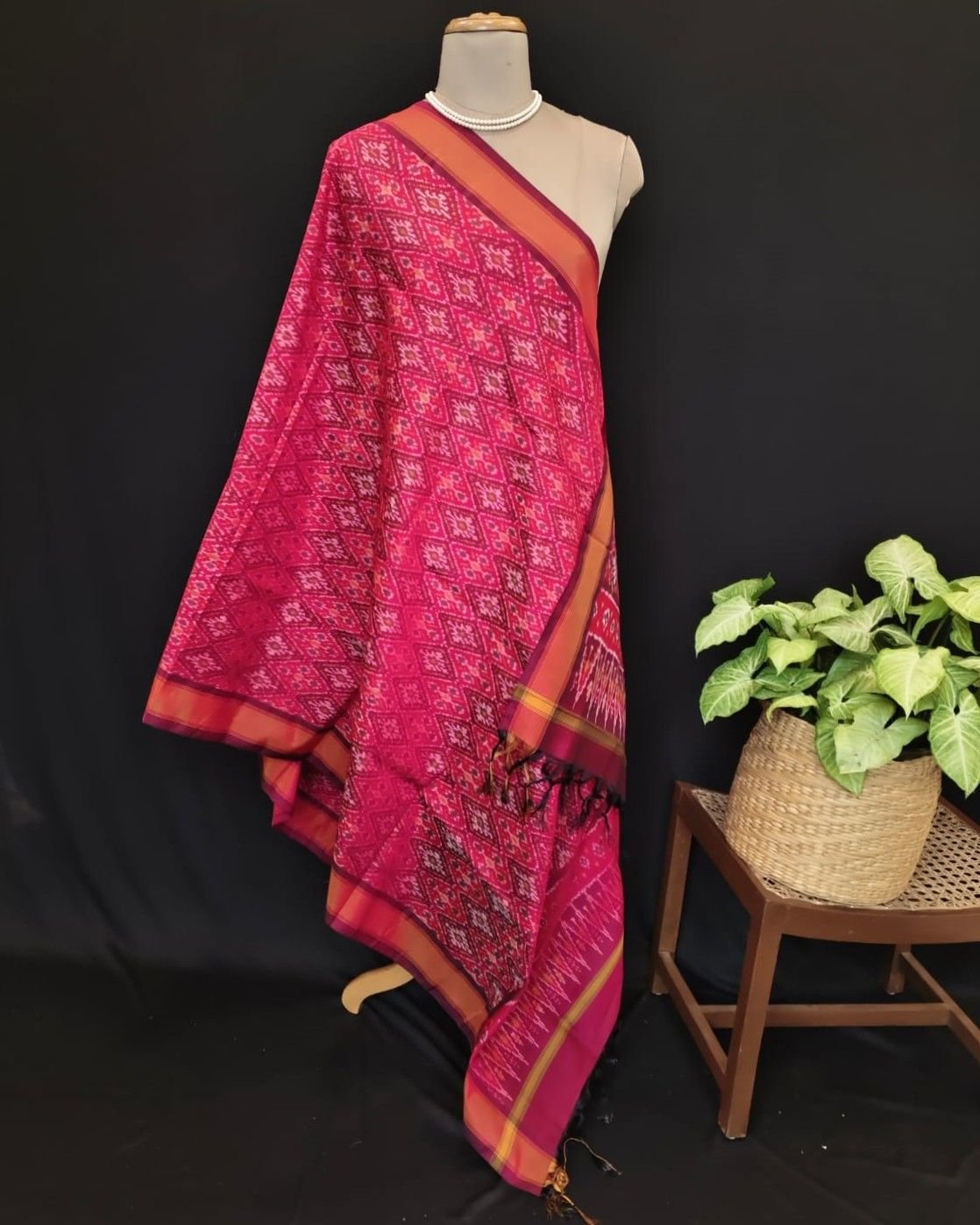 Silk-cotton Ikat Dupatta from Telengana – (SCDT0037) - Image 7