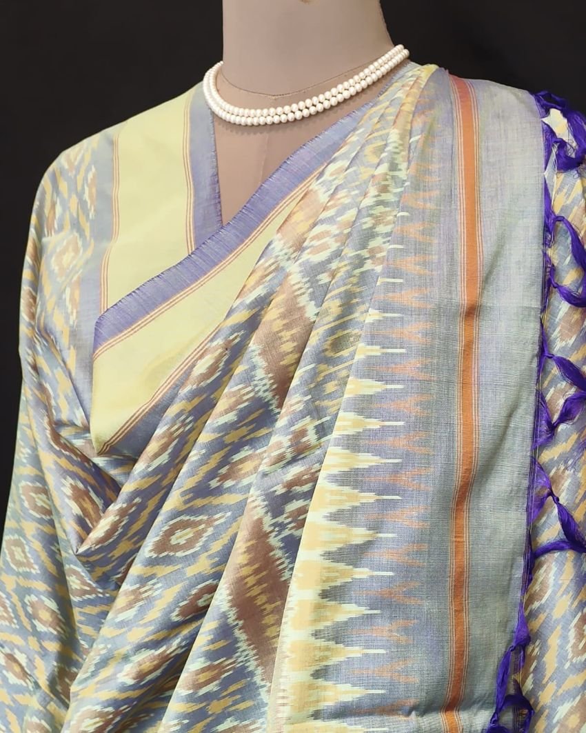 Silk-cotton Ikat Dupatta from Telengana – (SCDT0022) - Image 5