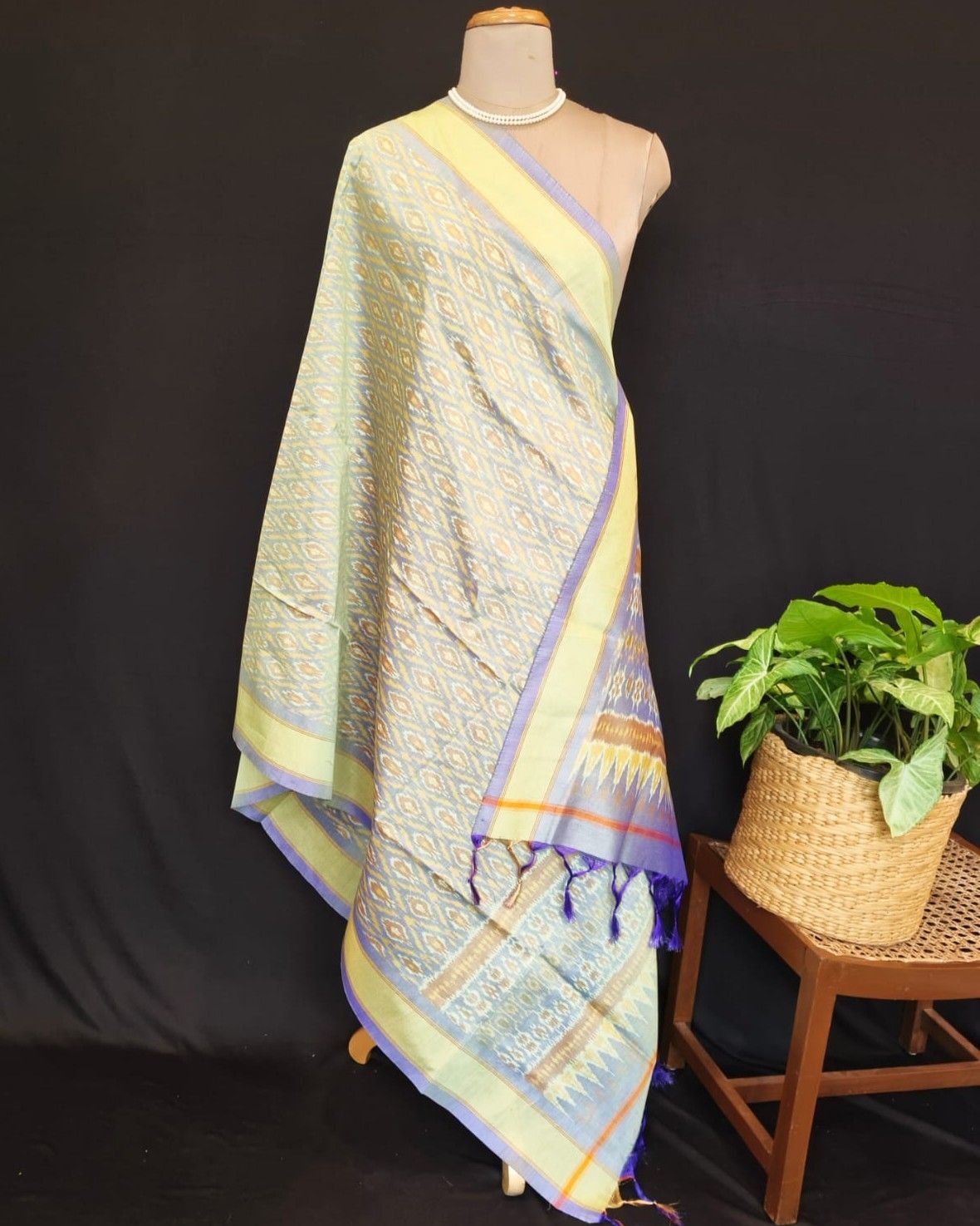 Silk-cotton Ikat Dupatta from Telengana – (SCDT0022) - Image 7