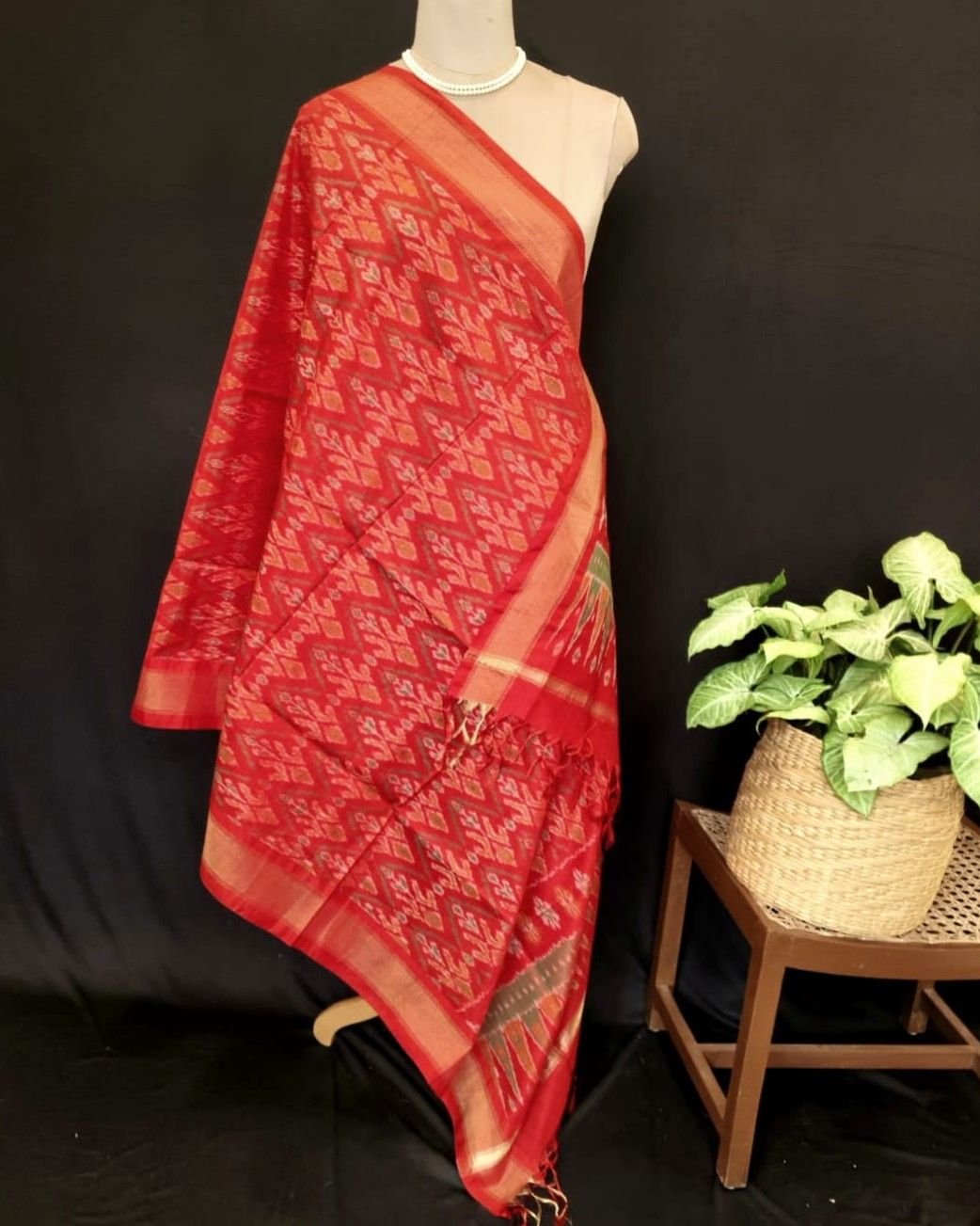 Silk-cotton Ikat Dupatta from Telengana – (SCDT0039) - Image 7