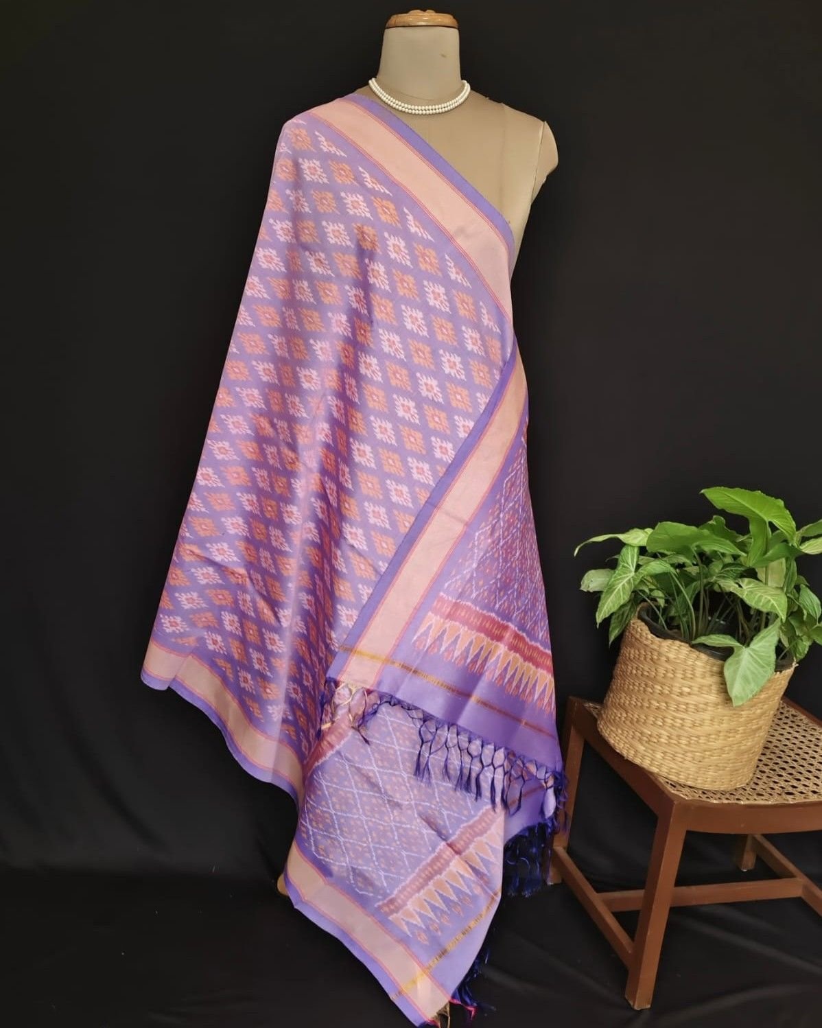 Silk-cotton Ikat Dupatta from Telengana – (SCDT0023) - Image 7