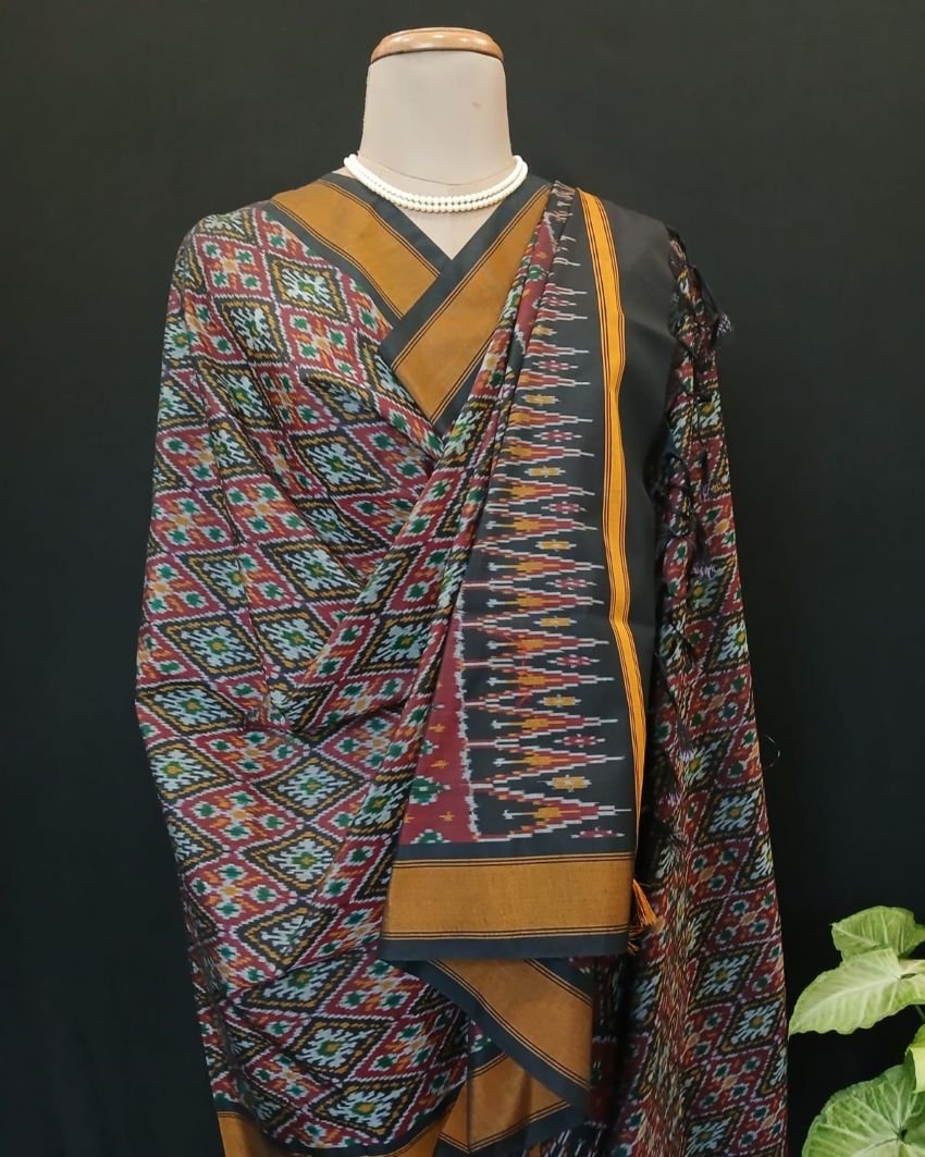 Silk-cotton Ikat Dupatta from Telengana – (SCDT0040) - Image 5