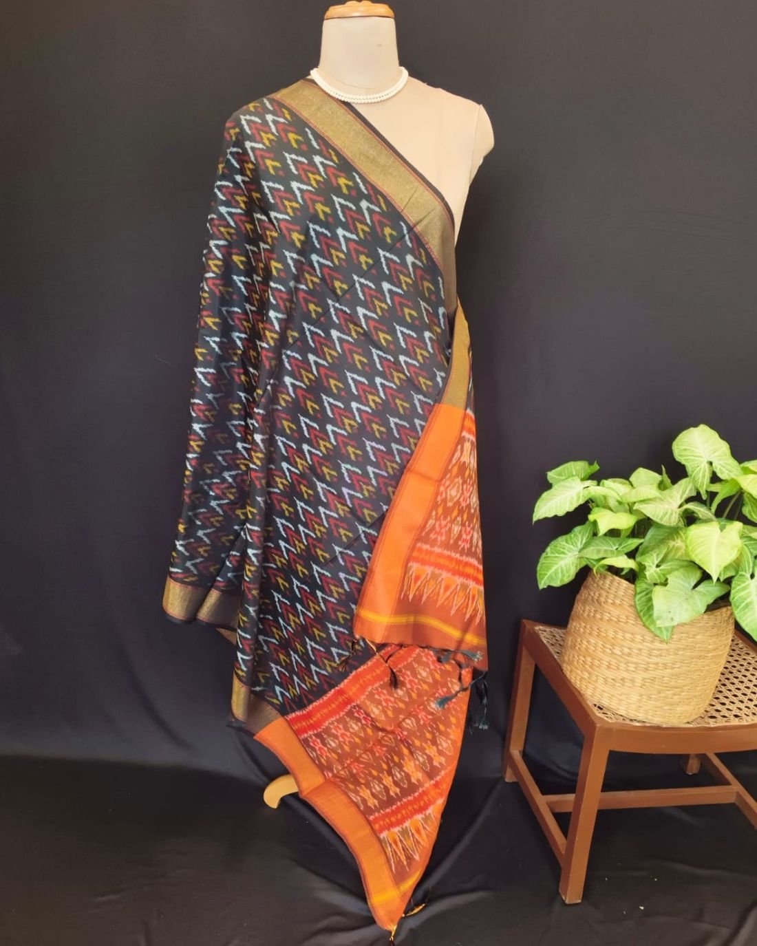 Silk-cotton Ikat Dupatta from Telengana – (SCDT0038) - Image 7
