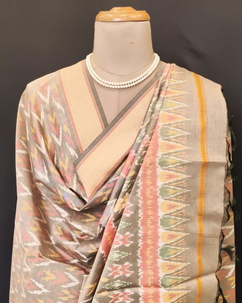 Silk-cotton Ikat Dupatta from Telengana – (SCDT0035) - Image 5