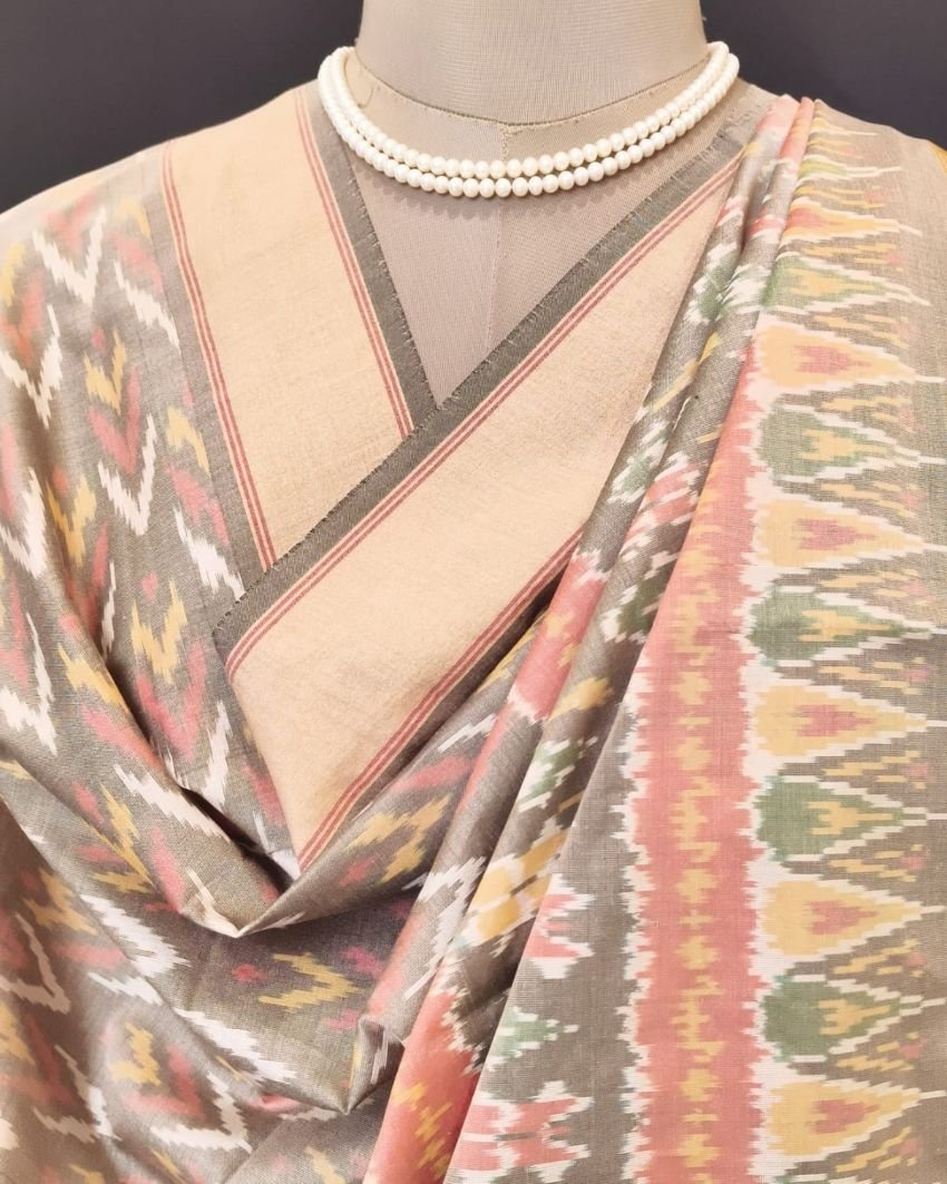 Silk-cotton Ikat Dupatta from Telengana – (SCDT0035) - Image 6