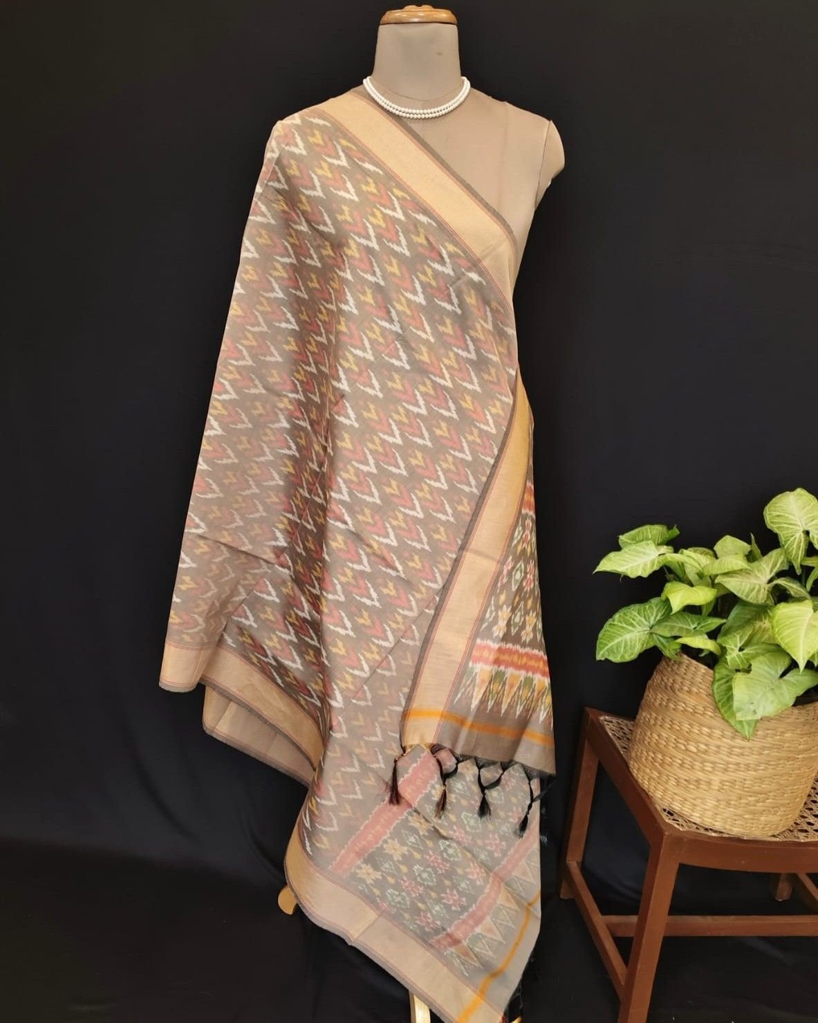 Silk-cotton Ikat Dupatta from Telengana – (SCDT0035) - Image 7
