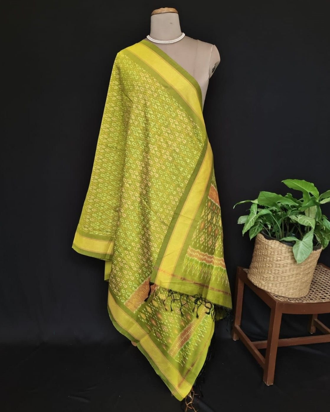 Silk-cotton Ikat Dupatta from Telengana – (SCDT0026) - Image 7