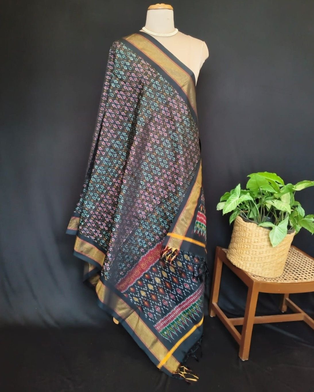 Silk-cotton Ikat Dupatta from Telengana – (SCDT0011) - Image 7
