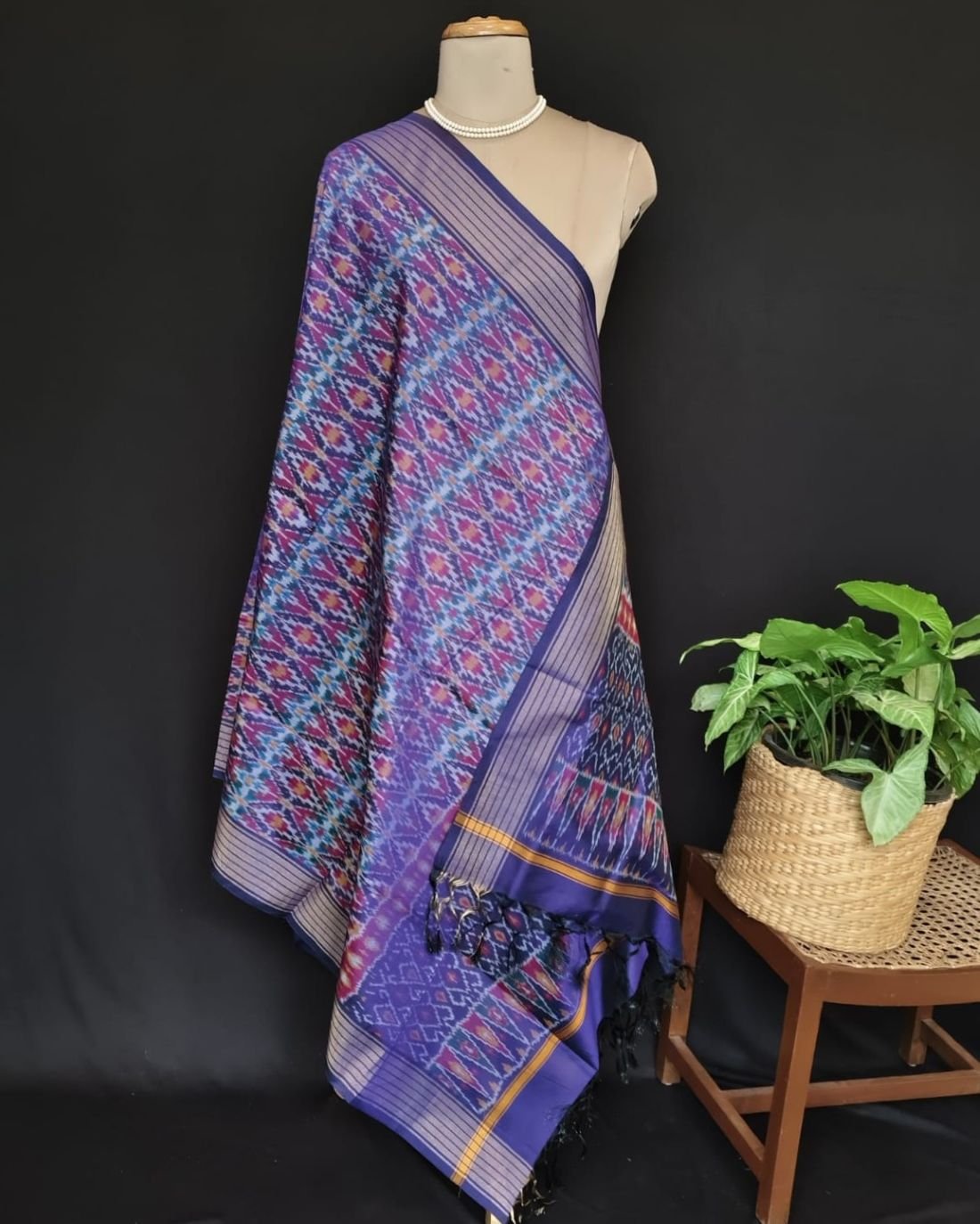 Silk-cotton Ikat Dupatta from Telengana – (SCDT0027) - Image 7