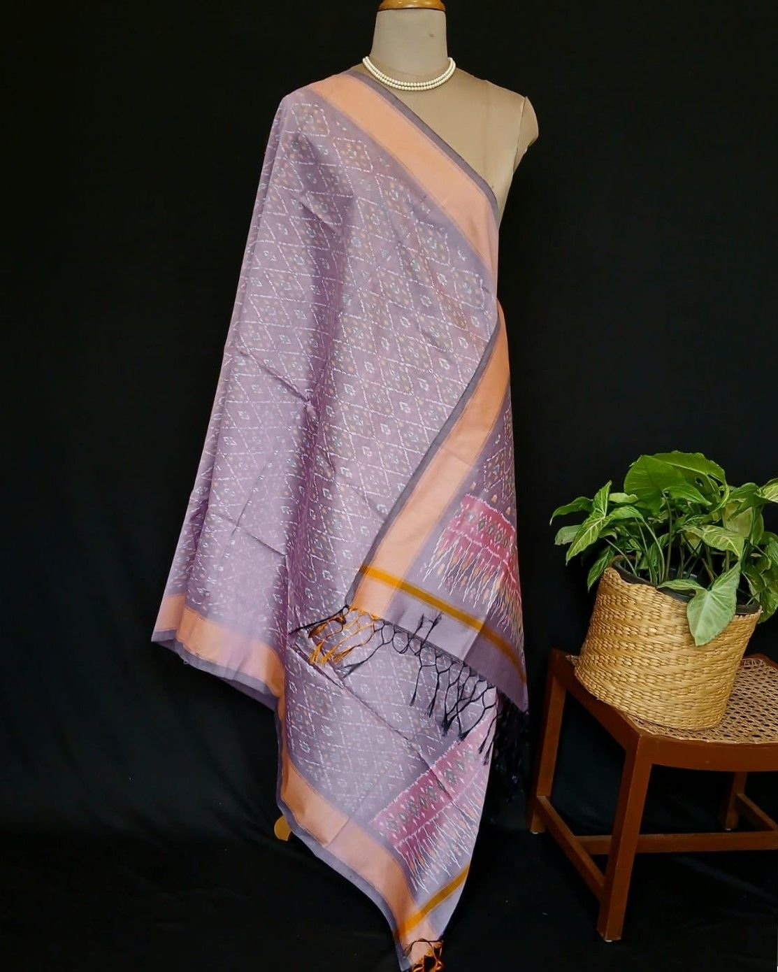 Silk-cotton Ikat Dupatta from Telengana – (SCDT0012) - Image 7