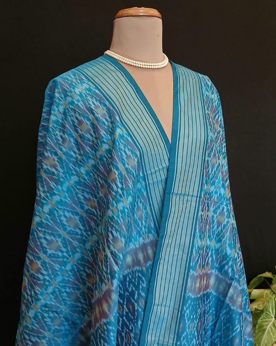 Silk-cotton Ikat Dupatta from Telengana – (SCDT0013) - Image 2