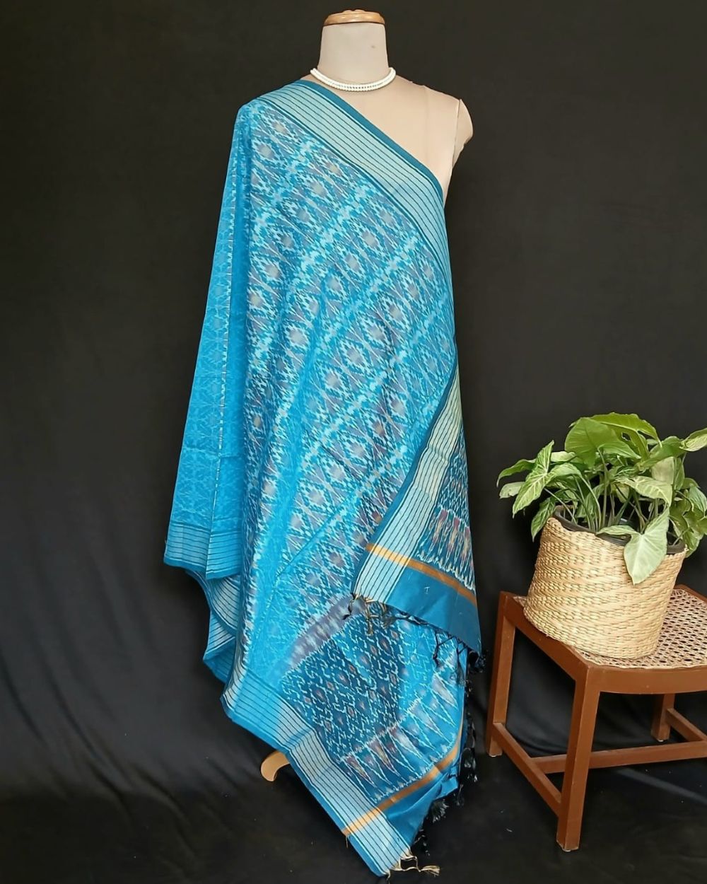 Silk-cotton Ikat Dupatta from Telengana – (SCDT0013) - Image 7