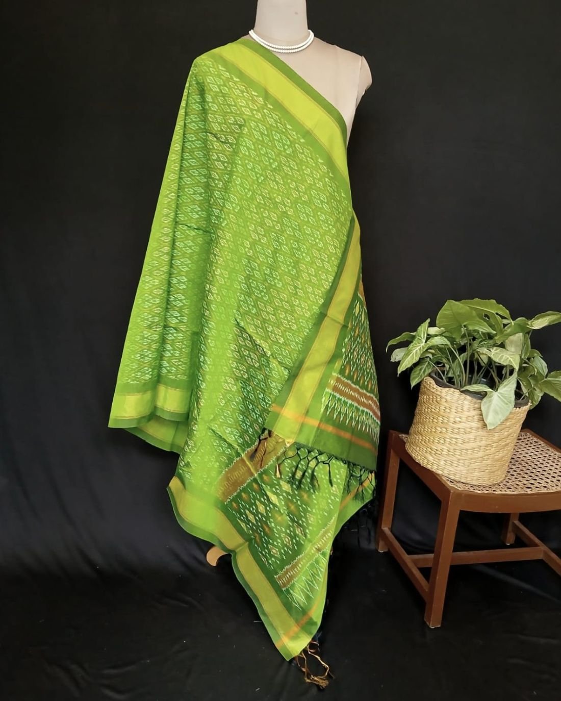 Silk-cotton Ikat Dupatta from Telengana – (SCDT0014) - Image 7