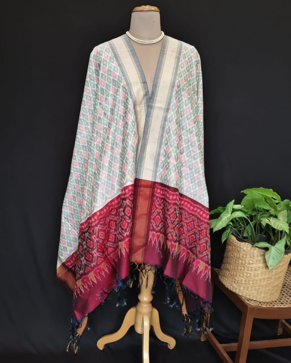 Silk-cotton Ikat Dupatta from Telengana – (SCDT0015)