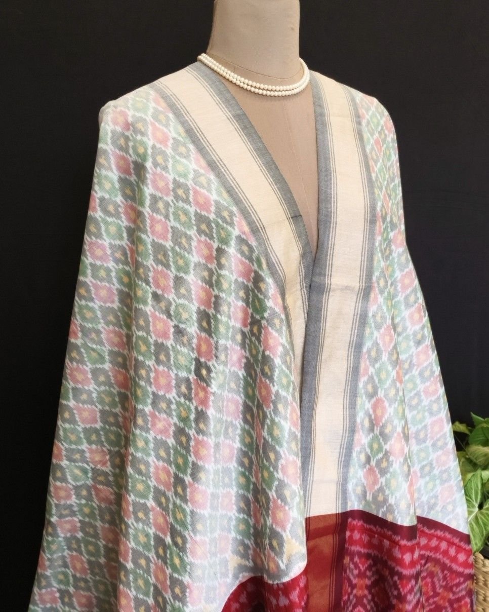 Silk-cotton Ikat Dupatta from Telengana – (SCDT0015) - Image 2