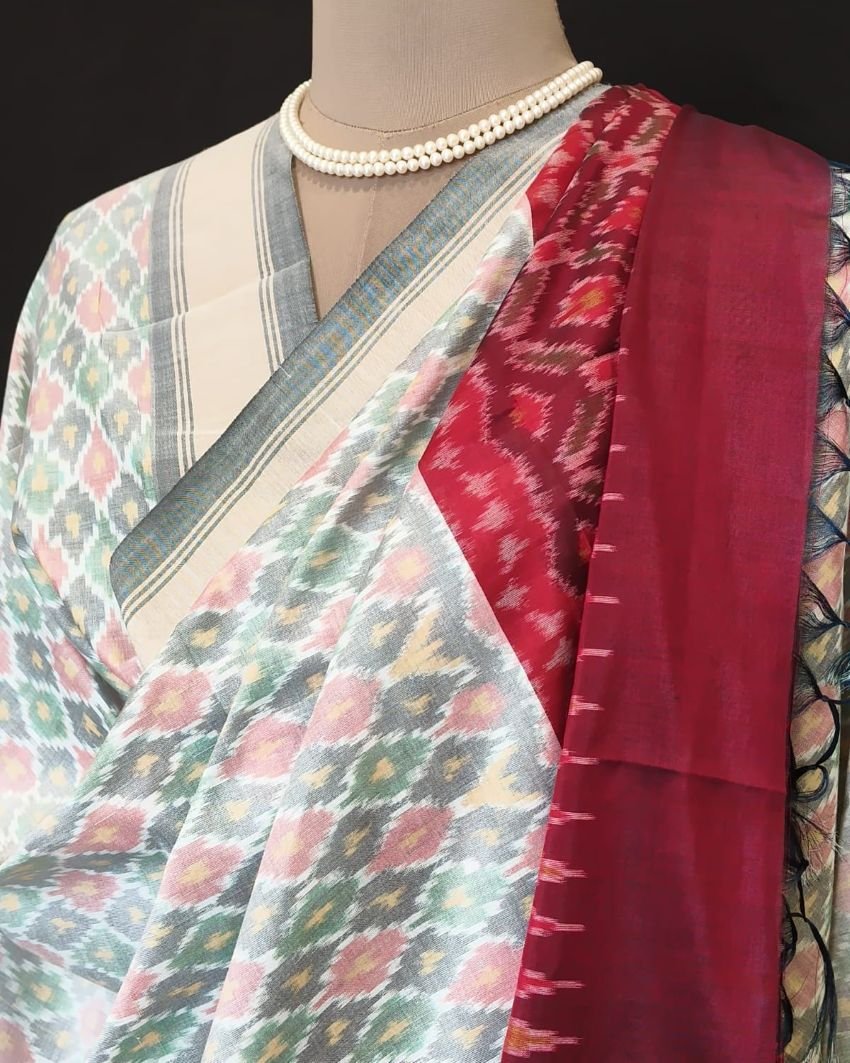 Silk-cotton Ikat Dupatta from Telengana – (SCDT0015) - Image 5