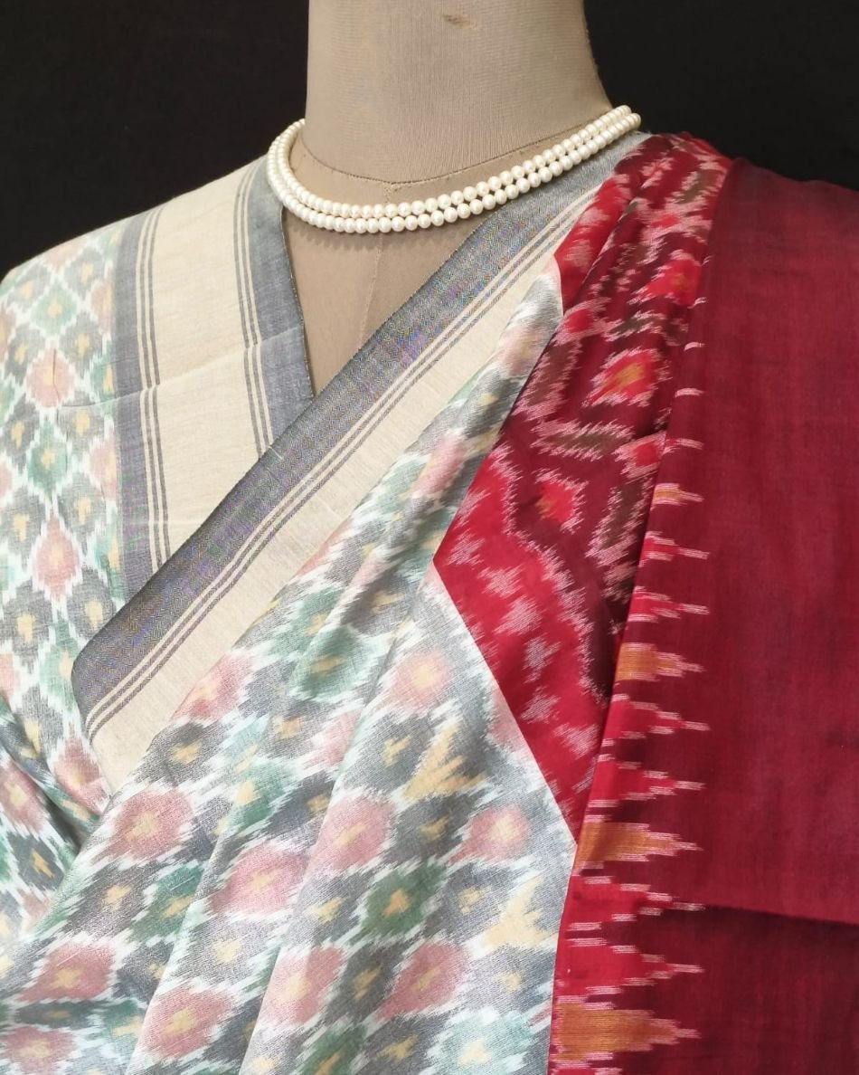 Silk-cotton Ikat Dupatta from Telengana – (SCDT0015) - Image 6