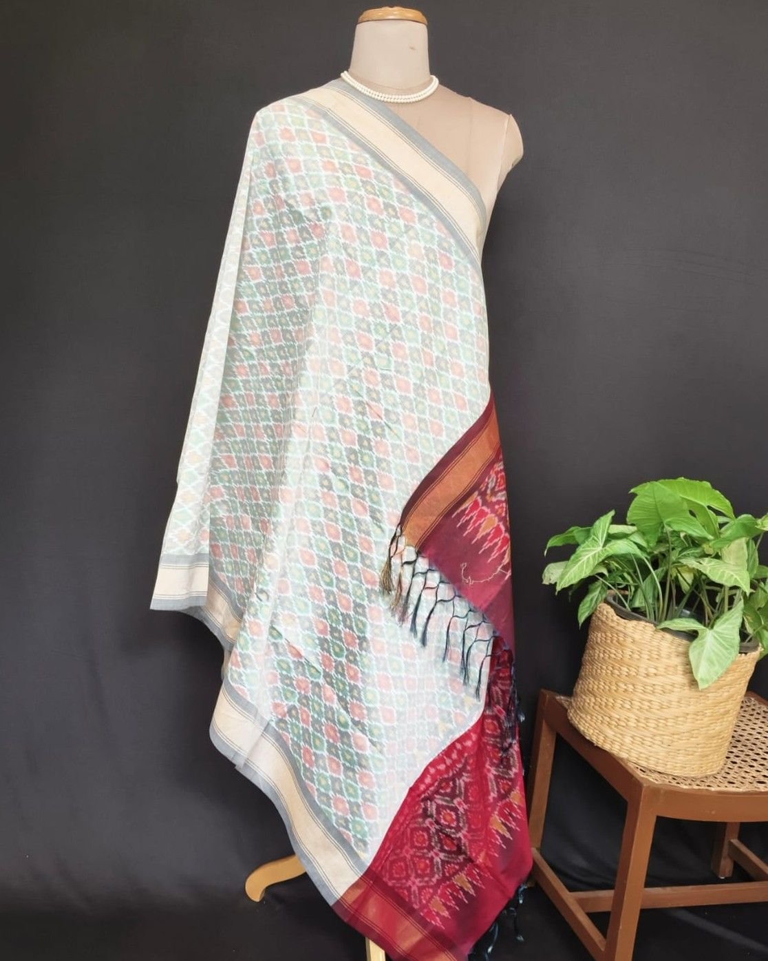 Silk-cotton Ikat Dupatta from Telengana – (SCDT0015) - Image 7
