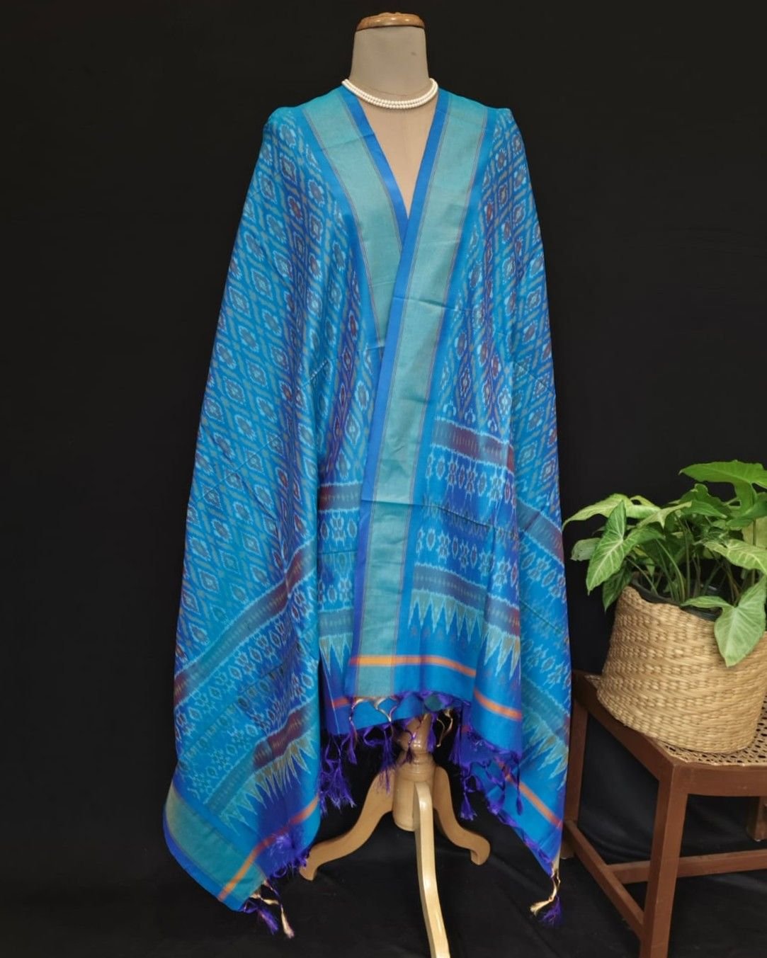 Silk-cotton Ikat Dupatta from Telengana – (SCDT0031)