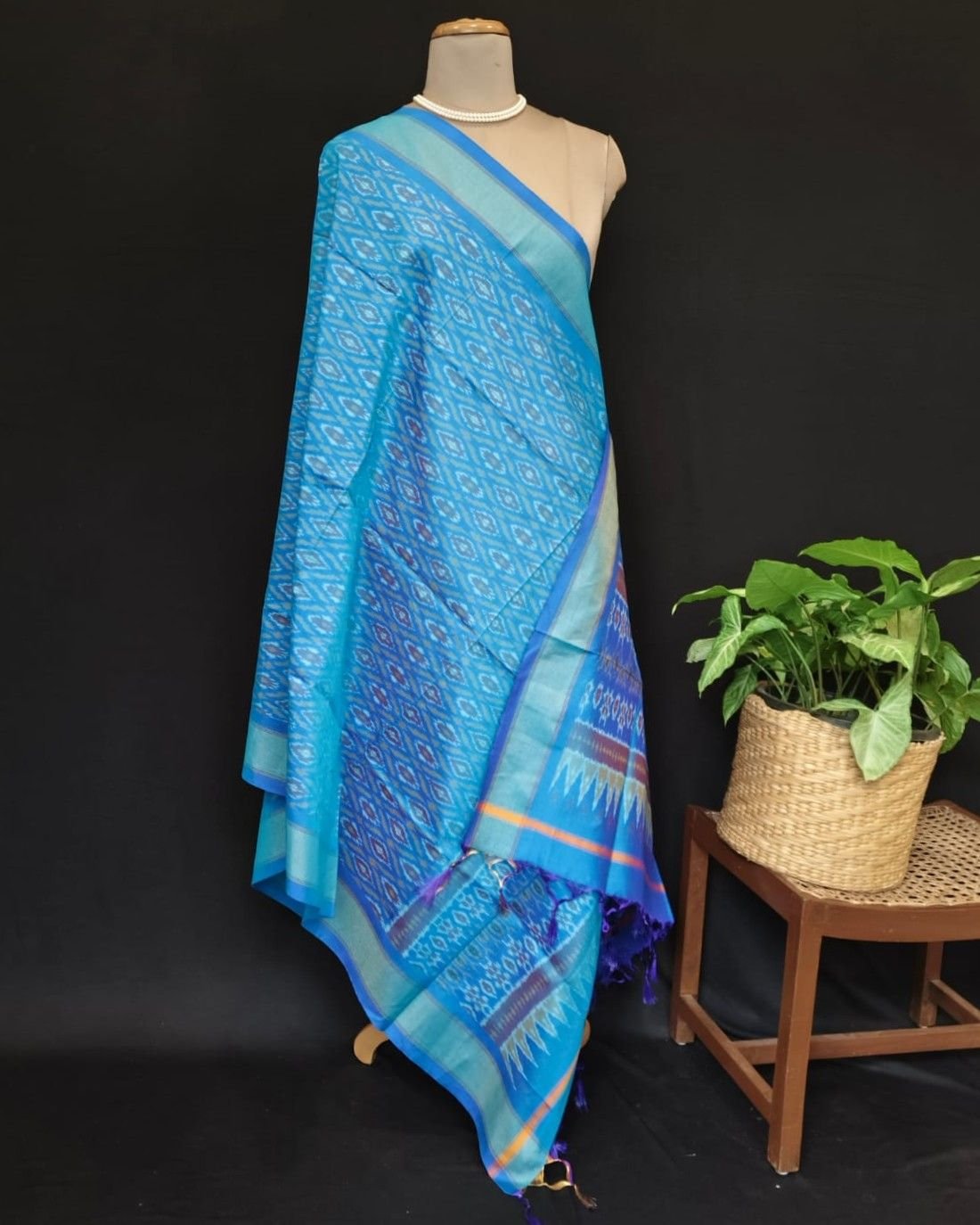 Silk-cotton Ikat Dupatta from Telengana – (SCDT0031) - Image 7