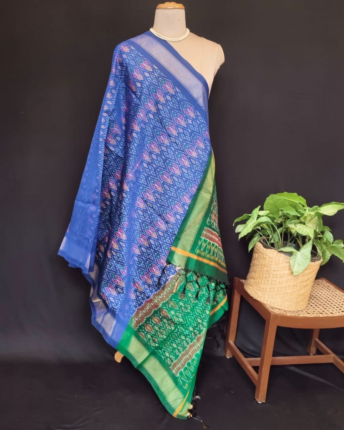 Silk-cotton Ikat Dupatta from Telengana – (SCDT0018) - Image 7