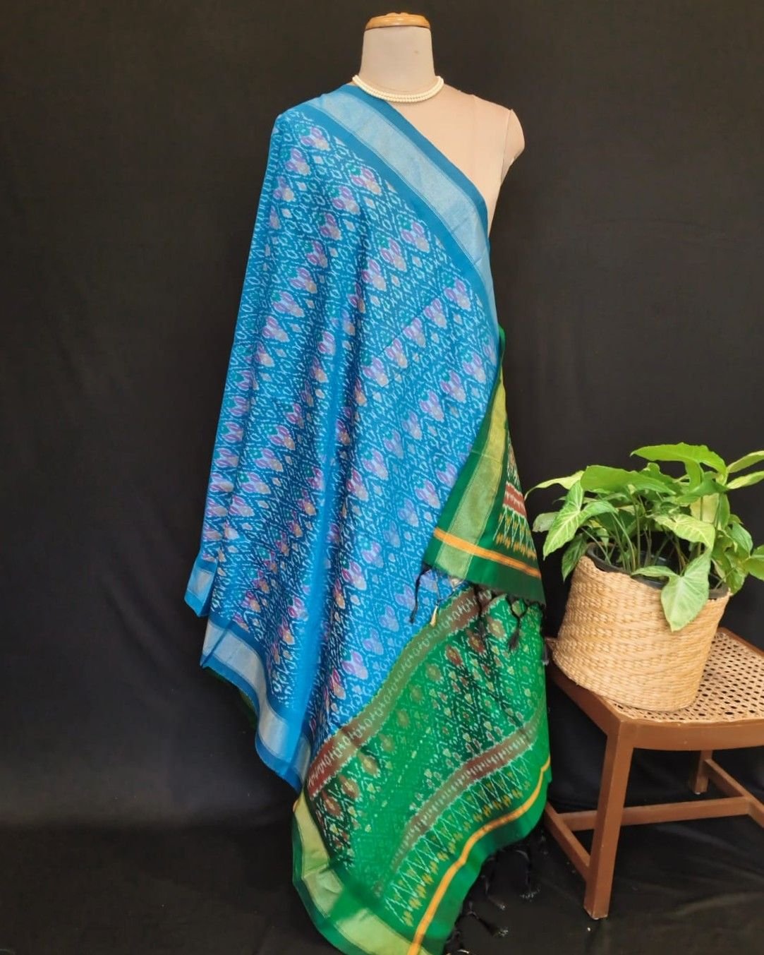 Silk-cotton Ikat Dupatta from Telengana – (SCDT0034) - Image 7