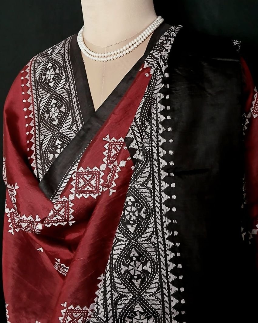 Pure Silk Kantha Dupatta from Santiniketan – (KSDS1012) - Image 5