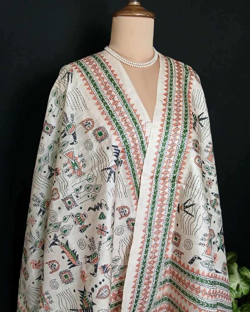 Pure Silk Kantha Dupatta from Santiniketan – (KSDS1013) - Image 2