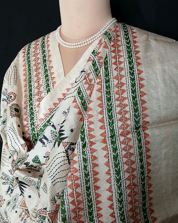 Pure Silk Kantha Dupatta from Santiniketan – (KSDS1013) - Image 5