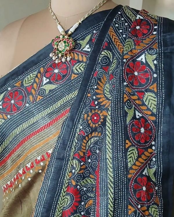 Kantha Embroidery from Santiniketan on Tussar Silk Saree - (TSKS0007) - Image 5