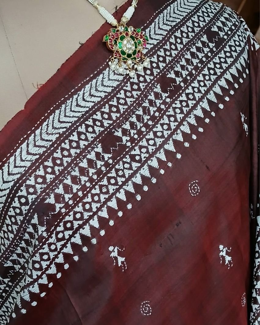 Santiniketan Kantha Saree in pure Bisnupuri Silk – (SNBK1094) - Image 3