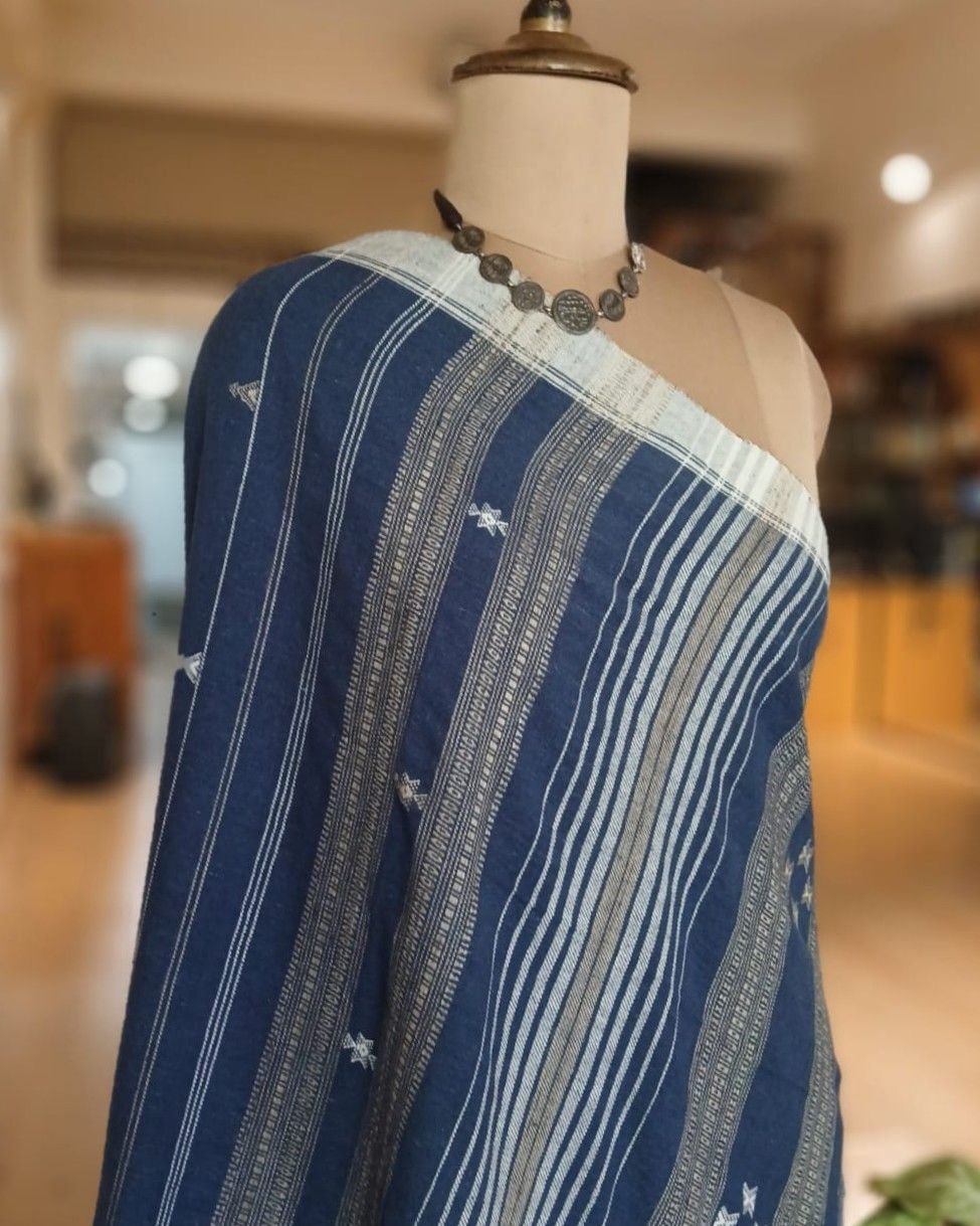 Indigo Kala Cotton Bhujodi with Tussar Silk Highlights – (BHUJ0015) - Image 8