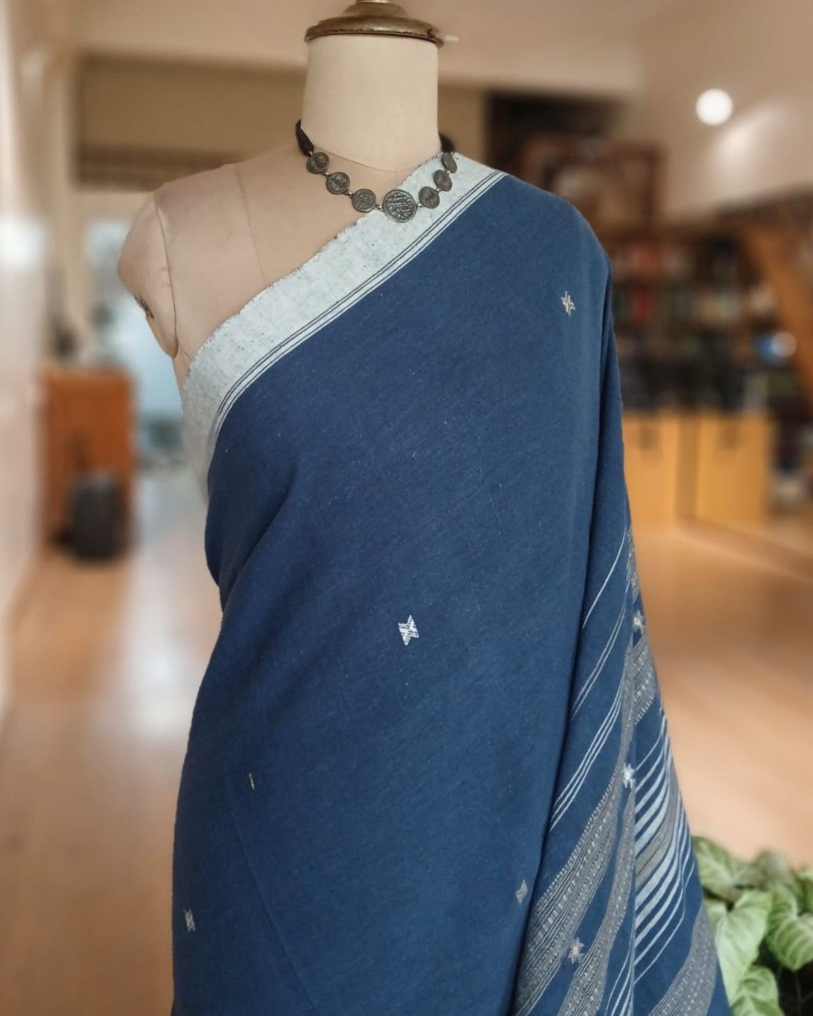 Indigo Kala Cotton Bhujodi with Tussar Silk Highlights – (BHUJ0015) - Image 3