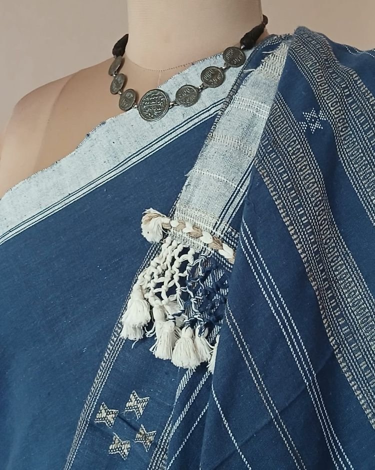 Indigo Kala Cotton Bhujodi with Tussar Silk Highlights – (BHUJ0015) - Image 5